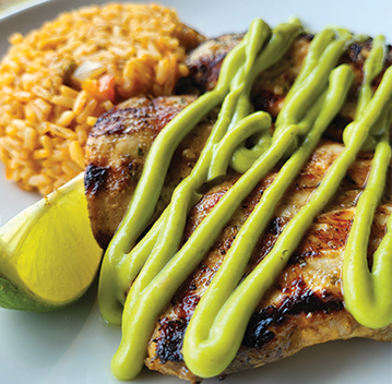 grilled chicken breast, with lime drizzle and rice