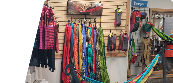 Retail display of ENO hammocks and stand